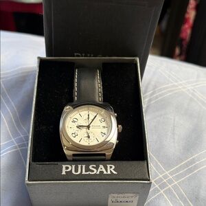 Pulsar Silver-Tone Case Watch with Cream Dial and Black Leather Strap
